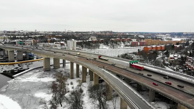 Aerial shot of Essingeleden, a highway in central Stockholm