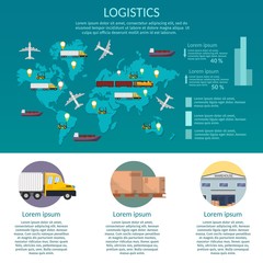 Infographic illustration with transportation process logistics global network.