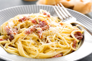 Carbonara pasta, spaghetti with pancetta, egg, hard parmesan cheese and cream sauce. Traditional italian cuisine. Pasta alla carbonara