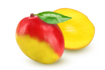 Mango fruit and half with leaf isolated on white background close-up