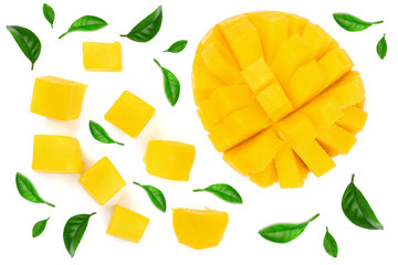 half of Mango fruit with leaves isolated on white background close-up. Top view. Flat lay. fruit composition