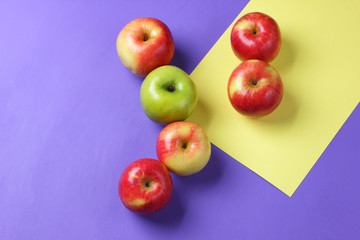 Apples, fruit pop art, red apples pop art on a purple background, fruits for breakfast, vitamins, vegetarian food, colorful background, lots of apples on a pastel pattern, minimalism, trend 2018