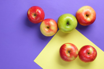 Apples, fruit pop art, red apples pop art on a purple background, fruits for breakfast, vitamins, vegetarian food, colorful background, lots of apples on a pastel pattern, minimalism, trend 2018