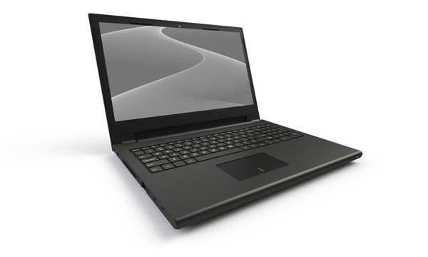3d render of a black laptop isolated on white. The screen shows blue cyan flames and  abstract wave image. the screen is open and facing forward