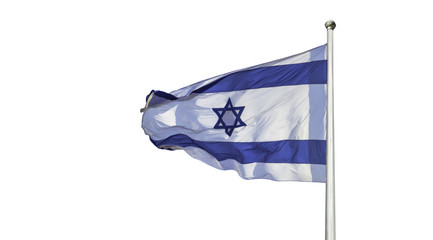 Israel flag in the wind isolated on white