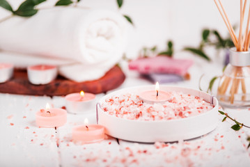 Handmade Salt Peach Scrub With Argan Oil. Himalayan Salt. Toiletries, Spa Set with candles and white towel