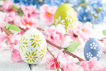 colorful easter eggs and flowers