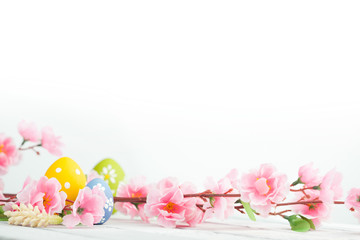 Fototapeta na wymiar Easter eggs on blue wooden background