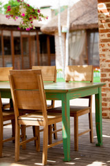 Wooden chair and table in restaurant