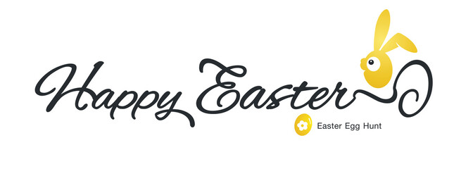 Obraz premium Happy Easter hand drawn calligraphy with yellow egg and little rabbit