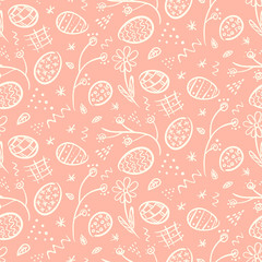 Tender pink doodle Happy Easter seamless pattern with white hand drawn outline eggs, flowers, lines and dots. Tender ornate spring texture for Easter package, wrapping paper, textile, greeting cards