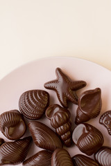 Chocolate candies, traditional Belgian shell shape, place for text