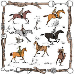 Equestrian sport fox hunting with horse riders english style on landscape. England steeplechase tradition in leather belt frame with bit, saddle, horse riding tool. Hand drawing vector vintage art.