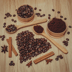 Coffee beans and ground coffee. Heart made of coffee beans. Toning.