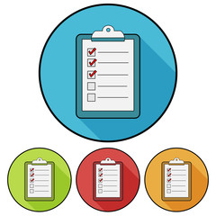 Simple, flat, circular checklist/clipboard icon. Four color variations. Casting a shadow. Isolated on white