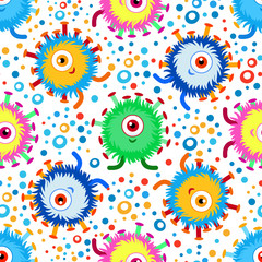 Fototapeta premium Funny cartoon monster with colorful dots seamless pattern. Background, fabric, wrapper, backdrop.Vector file not cropped - clipping mask used for easy editing