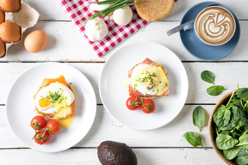 breakfast brunch eggs ham smoked salmon coffee cappuccino table share