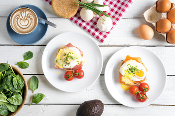 breakfast brunch eggs ham smoked salmon coffee cappuccino table share