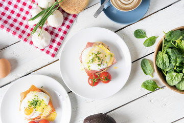 breakfast brunch eggs ham smoked salmon coffee cappuccino table share
