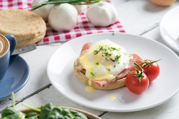 breakfast brunch eggs ham smoked salmon coffee cappuccino table share