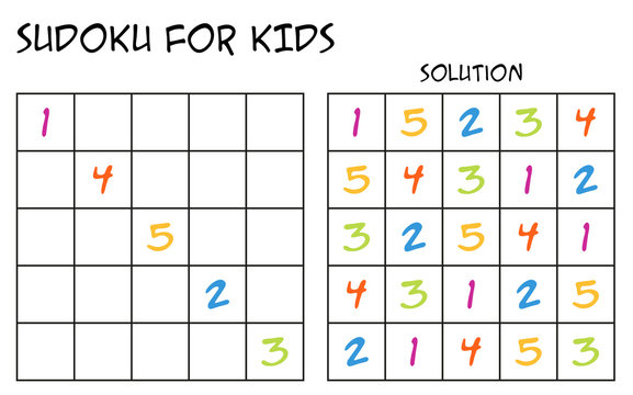 Sudoku for kids with solution, puzzle for children to complete each row or column with just one of each colorful numbers, mental task, logical but easy challenge