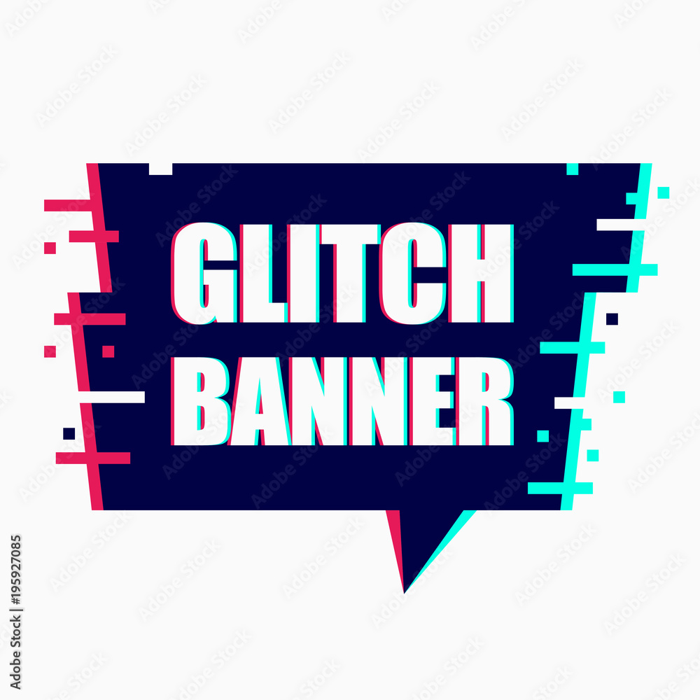 Poster Glitch banner template. Abstract speech bubble with broken pixel effect. Vector illustration.