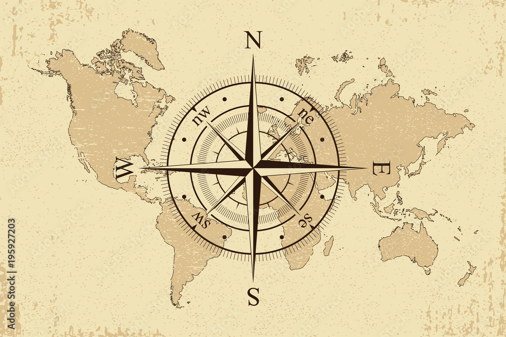 Poster vintage world map with retro compass. background old paper map and wind rose. vector illustration.