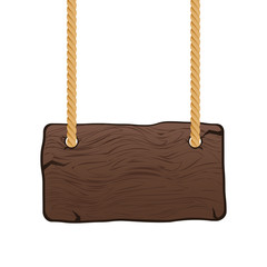 Wooden singboard on rope. Blank cartoon wood sign hanging on ropes. Vector illustration.