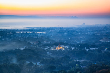 Beautiful scenery during sunrise of top view at Mandalay hill, Mandalay Myanmar