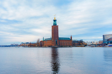 the city hall of Stockholm and its reflection in the sea