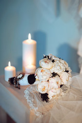 Stylish black and white Wedding bridal bouquet before wedding ceremony with decoration a lot of flowers and colorful tape shot taken by selective soft focus and macro