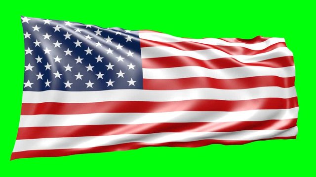 3d animation of american flagg, moving in wind, on green screen can be used as background