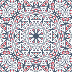 Oriental seamless geometric fabric pattern. Ethnicity ornament. Ornamental background, texture, tiled. Floral elements, mandala decor. Arabic, Islamic, moroccan, asian, indian native african motifs.