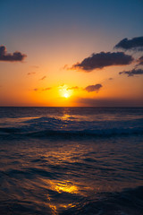 Barbados Beach at Sunset, Yellow and Orange Sky, Waves