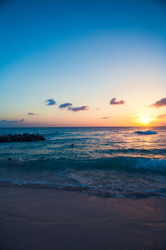 Barbados Beach at Sunset, Yellow and Orange Sky, Waves