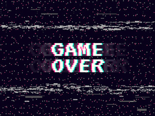 Game over glitch background. Retro game backdrop. Glitched lines noise. VHS effect for your design. Pixel inscription. Modern vector illustration © Vegorus