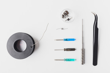 Vaping tools with white background, atomizer, coil, mod, wire