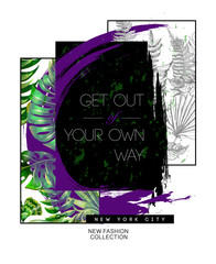 Trendy tropical design for posters or t-shirt with realistic and graphic leaves, grunge texture and stroke.