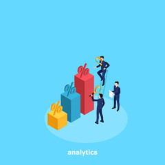 people in business suits analyze the data from a chart, an isometric image