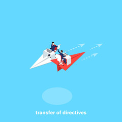 Naklejka na ściany i meble man in a business suit sitting at a desk on a paper airplane, an isometric image