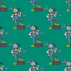 Funky woman mechanic seamless pattern. Cartoon style pattern design.