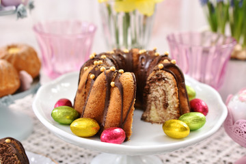 closeup of easter traditional cakes on festive table