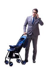 Young dad businessman with baby pram isolated on white 