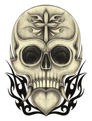 Art heart mix skull tattoo. Hand pencil drawing on paper.
