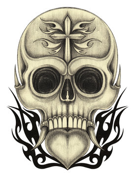 Art heart mix skull tattoo. Hand pencil drawing on paper.