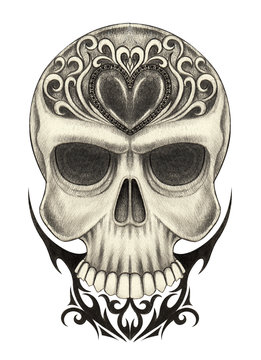 Art Vintage heart mix skull tattoo. Hand pencil drawing on paper.