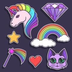 A set of stickers with a unicorn, diamond, heart, star, magic wand, rainbow and cat. Icons or badges