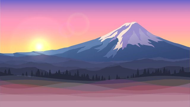 Vector Illustration With Mount Fuji, Sunset