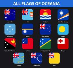 Set of all flags of the countries of Oceania. Flat style