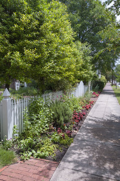Vertical photo of looking down a sidewalk with a white picket fence and lush garden